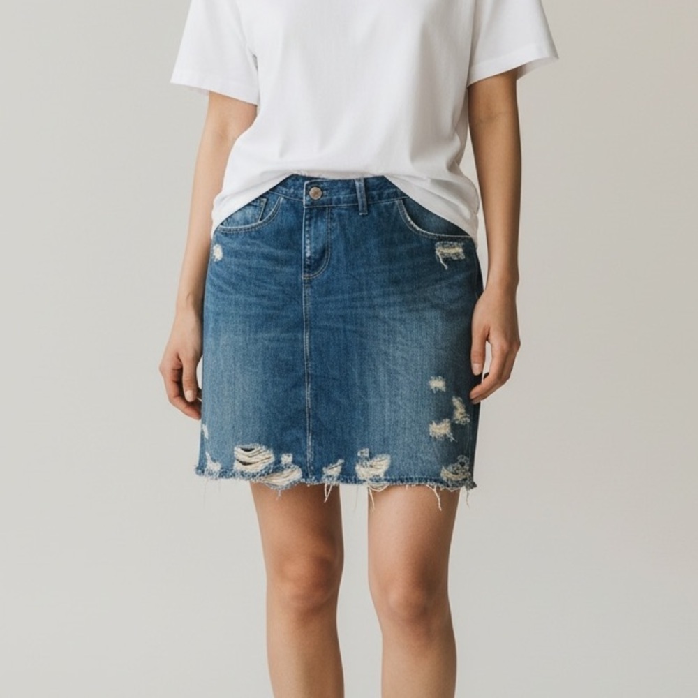 Zara Distressed Asymmetrical Waist Denim Mini Skirt Blue